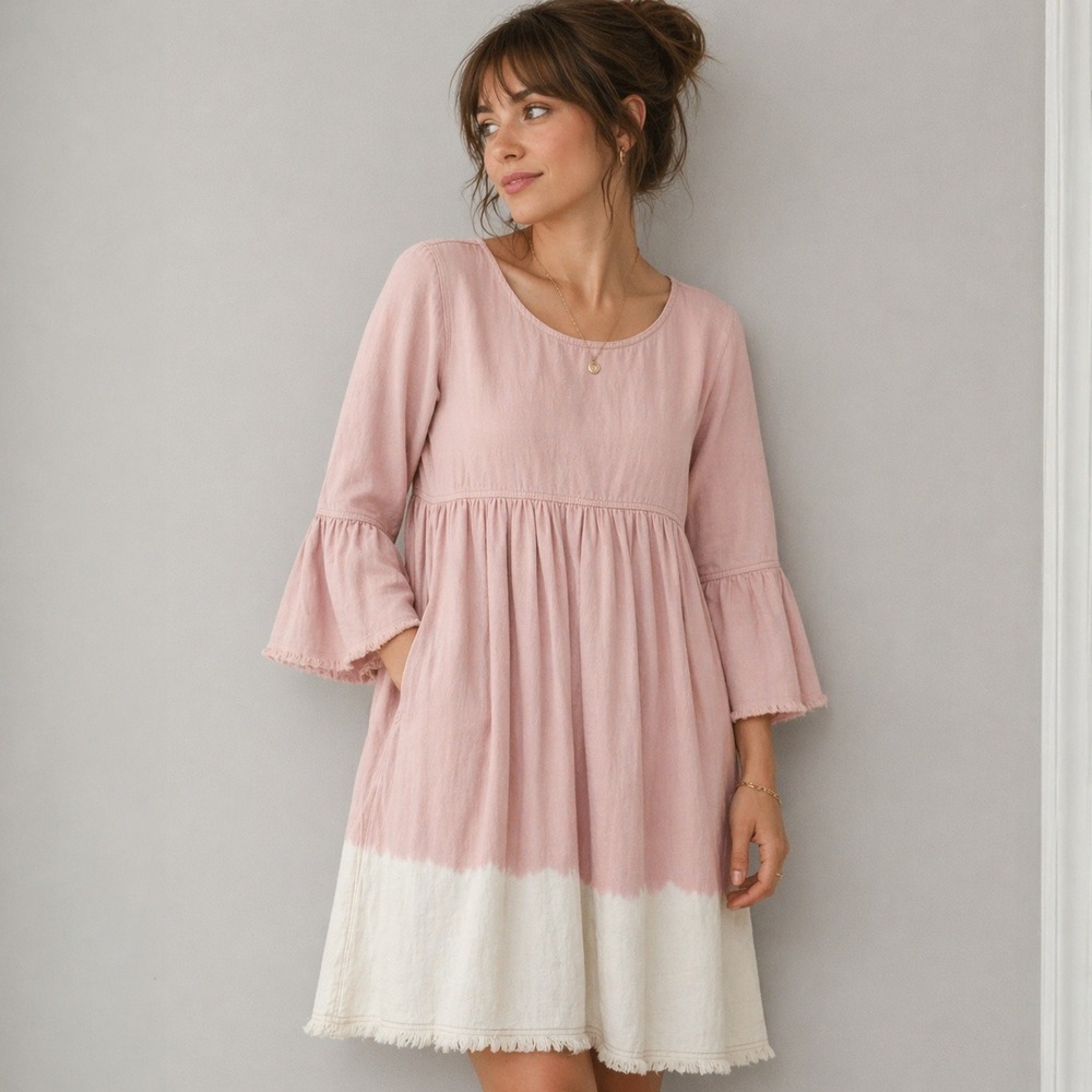 Holding Horses Anthropologie Pink Dip Dye Bell Sleeve Babydoll Mini Dress 10